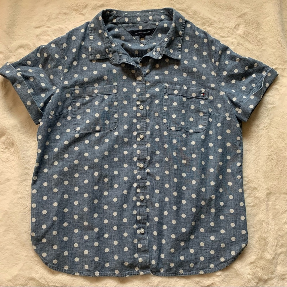 Tommy Hilfiger Chambray Polka Dot Button-Up Short Sleeve Shirt - XL